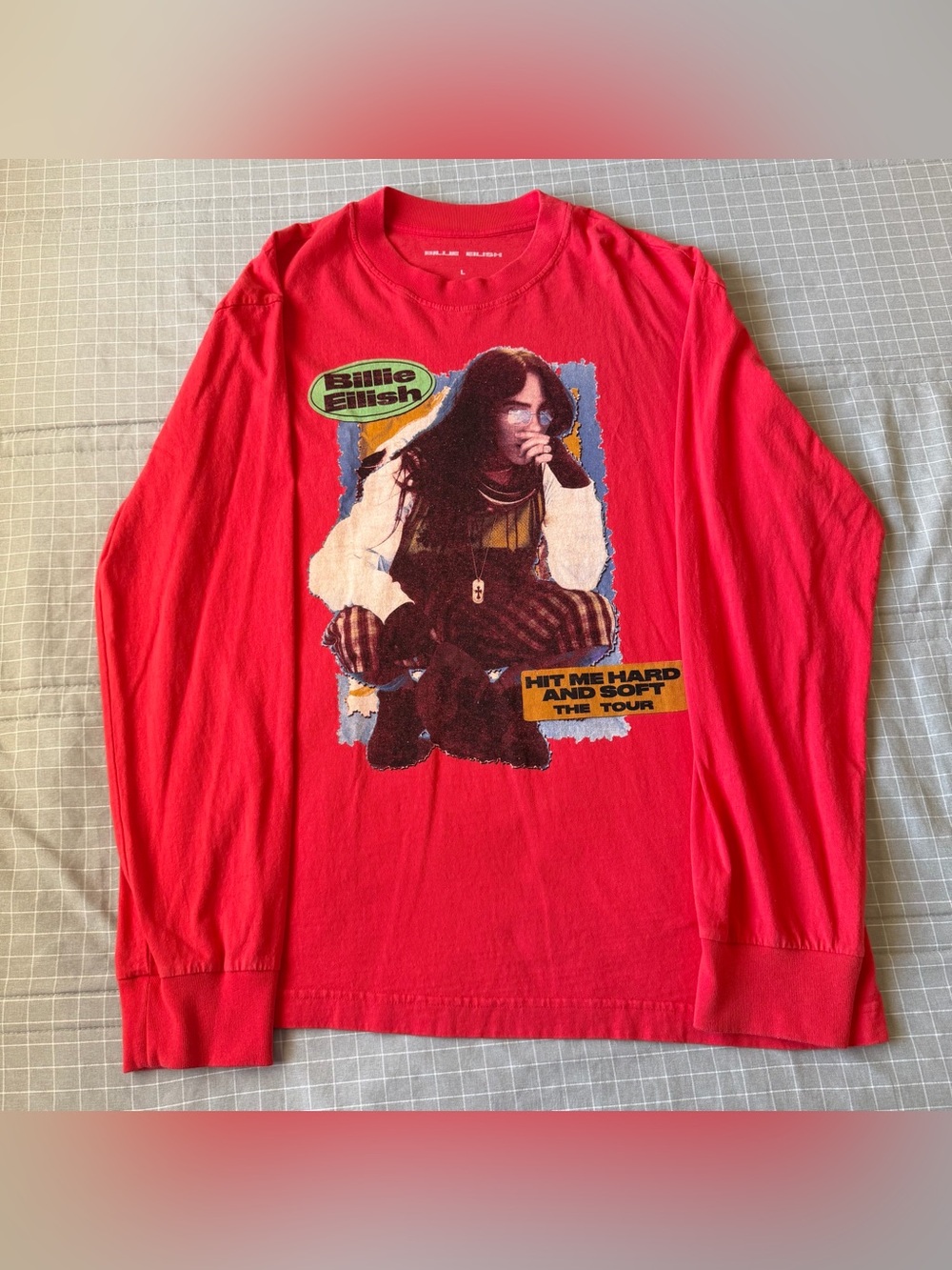 Billie Eilish Red Long Sleeve T-Shirt Size L Hit Me Hard and Soft The Tour Merch